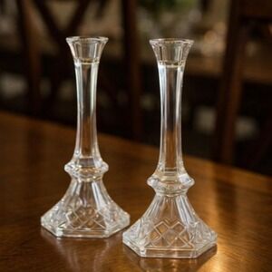 Vintage Crystal Candlestick Holders Diamond Cut Pair 7.5 Inch